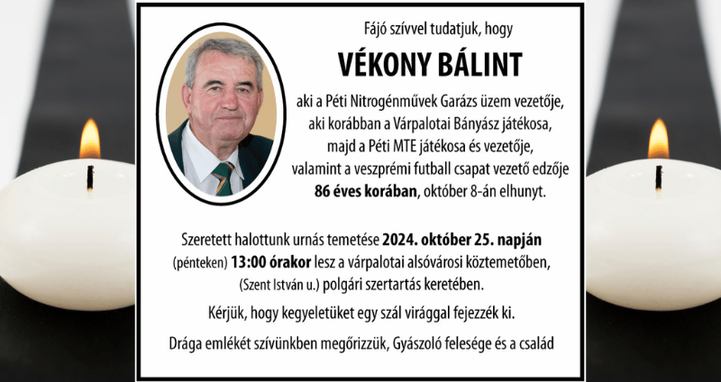 Vékony Bálint Várpalota gyászjelentés