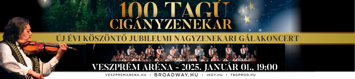 ÚJ ÉVI KÖSZÖNTŐ JUBILEUMI NAGYZENEKARI GÁLAKONCERT BANNER 100 TAGÚ CIGÁNYZENEKAR