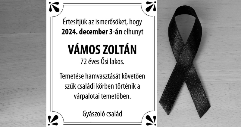 Vámos Zoltán gyászjelentése Várpalota